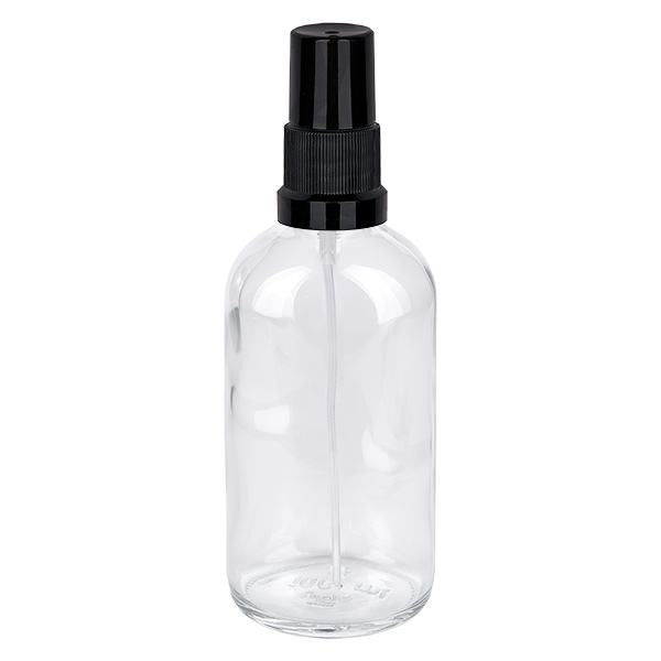 100 ml butelka ze spryskiwaczem czarna STD ClearLine UT18/100 Przezroczysta szklana butelka o pojemności 100 ml z czarną nasadką rozpylającą STD ClearLine UT18/100