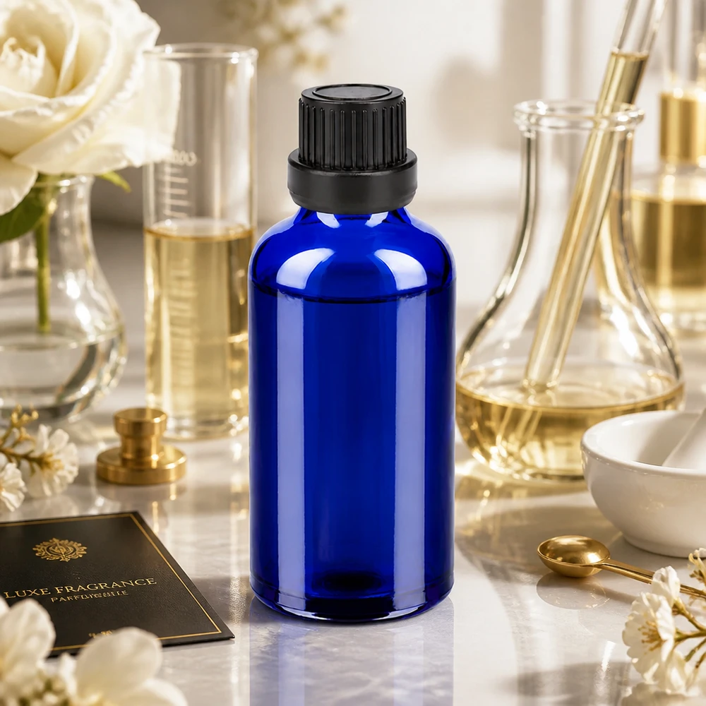 Butelka 50 ml 11 mm SV czarna OV BlueLine UT18/50 Elegancka niebieska szklana butelka 50 ml z czarną nakrętką z zabezpieczeniem przed otwarciem do perfum i kosmetyków