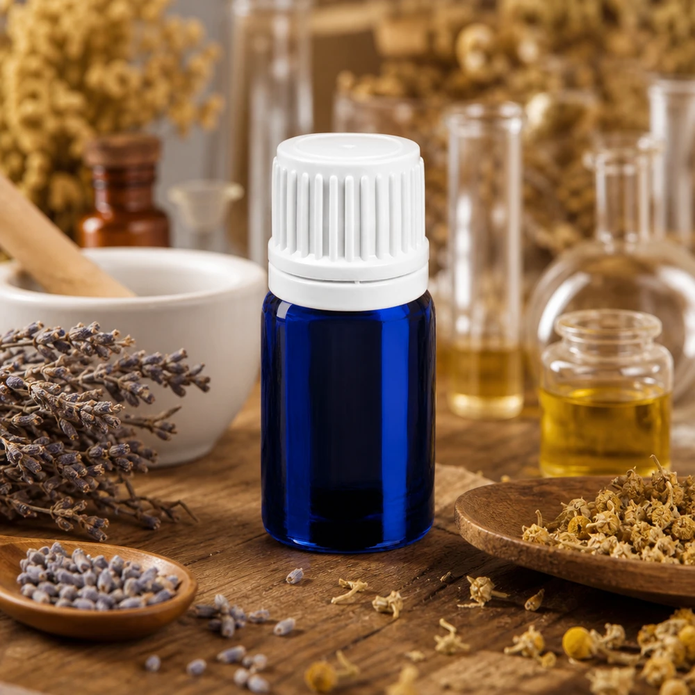 Butelka z zakraplaczem 5 ml 0,7 mm biała OV BlueLine UT18/5 Wysokiej jakości szklana butelka o pojemności 5 ml w kolorze niebieskim z białym zakraplaczem do naturalnych esencji