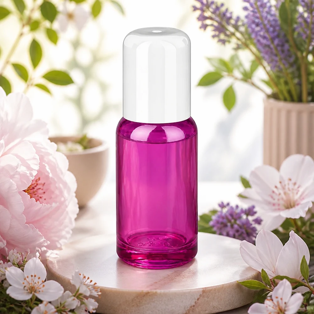 Butelka roll-on 20 ml z białą standardową zakrętką PurpleLine UT18/20 Elegancka szklana buteleczka o pojemności 20 ml z aplikatorem typu roll-on w kolorze przezroczystego fioletu do olejków zapachowych