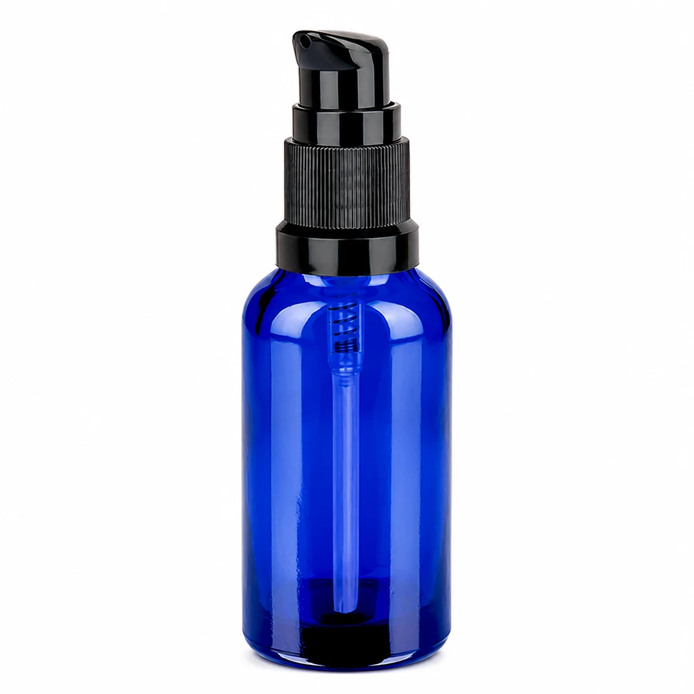 Butelka z pompką 30 ml czarna STD BlueLine UT18/30 Niebieska szklana butelka 30 ml z czarnym dozownikiem do precyzyjnego dozowania produktów do pielęgnacji skóry