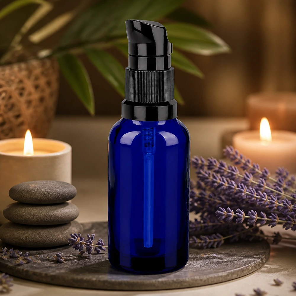 Wysokiej jakości 30 ml butelka z pompką STD BlueLine UT18/30 z czarnym dozownikiem do aromaterapii