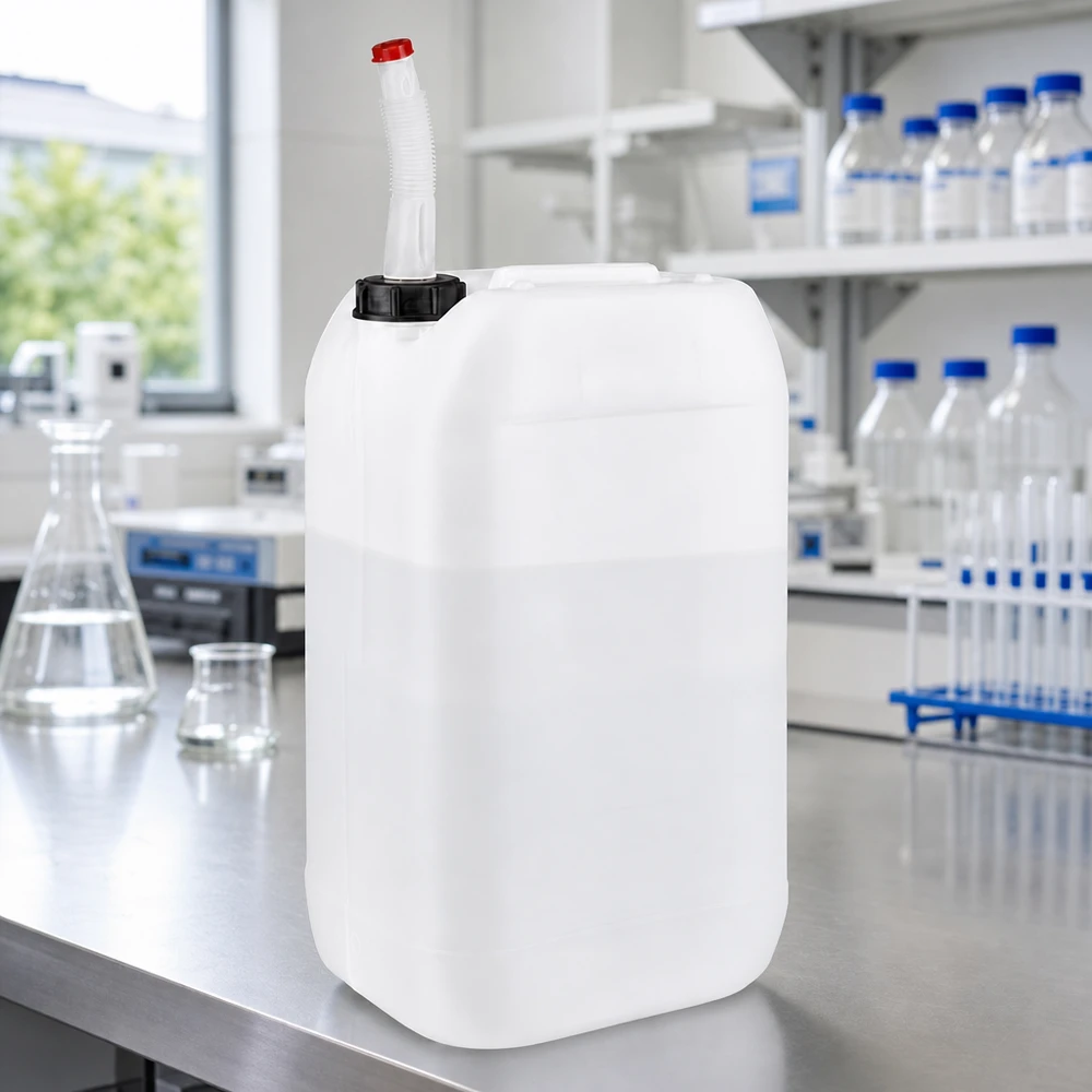 Kanister 15 litrów z elastyczną rurą wylotową Kanister laboratoryjny o pojemności 15 l z czarnym zamknięciem śrubowym i giętkim wylewkiem wykonanym z HDPE