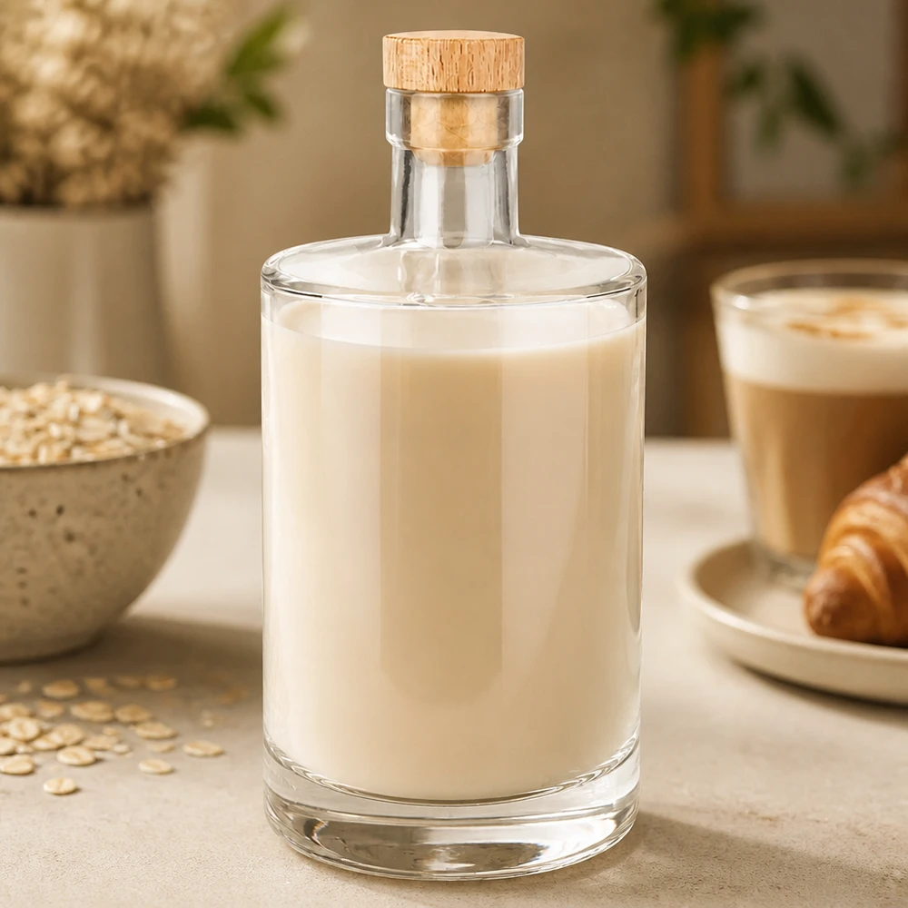 700 ml szklana butelka Marie z kremową zawartością mleka owsianego i drewnianym korkiem obok płatków owsianych i filiżanki kawy