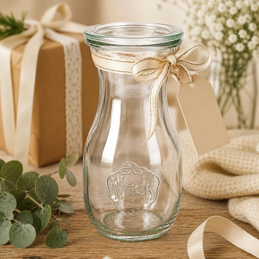 Butelka na sok o pojemności 290 ml z szklaną pokrywką WECK RR60 Butelka na sok WECK 290ml RR60 jako pomysł na prezent ozdobiona kokardą i przywieszką obok pudełka prezentowego i kwiatów