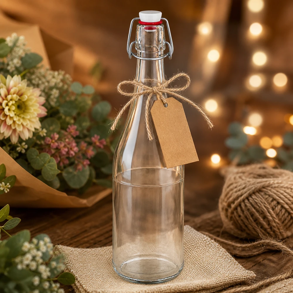 Szklana butelka 750 ml i zamknięcie z uchwytem PVC UNiTWIST 750ml szklana butelka z PVC UNiTWIST opakowanie prezentowe papierowa zawieszka rustykalna dekoracja