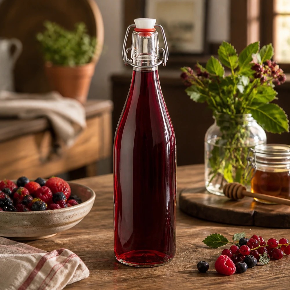 Szklana butelka o pojemności 500 ml z uchylnym wieczkiem zawierająca sok z czerwonych jagód na drewnianym stole obok świeżych jagód i miodu w kuchni