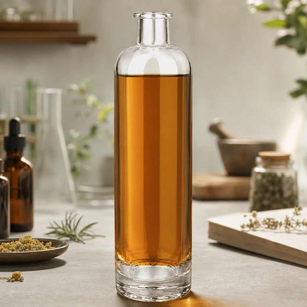 Szklana butelka Ella UNiTWIST o pojemności 500 ml wypełniona herbatą rumiankową w otoczeniu ziół i naturalnych produktów.
