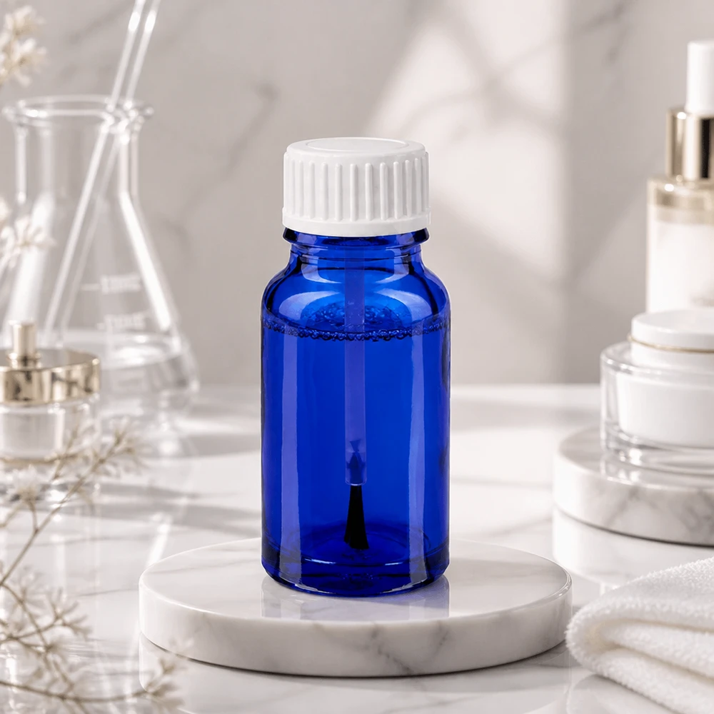 Butelka z pędzelkiem 10 ml biała STD BlueLine UT18/10 Niebieska szklana butelka 10 ml z białą nakrętką dla przemysłu laboratoryjnego i kosmetycznego