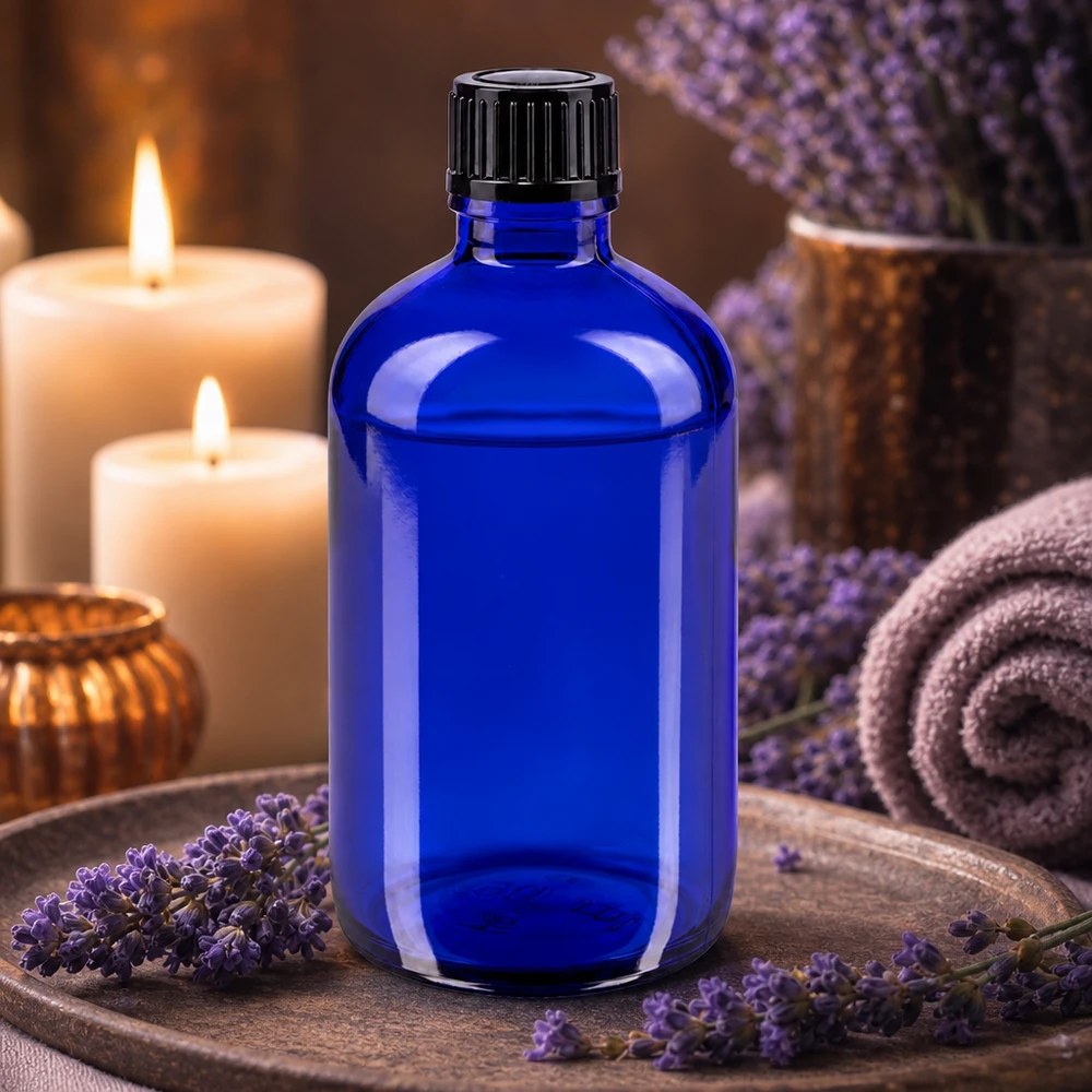 Butelka apteczna niebieska 100ml kroplówka v. 1mm czarny szt Elegancka butelka z zakraplaczem o pojemności 100 ml, wykonana z kobaltowo-niebieskiego szkła aptecznego, z precyzyjną wkładką o dokładności 1 mm