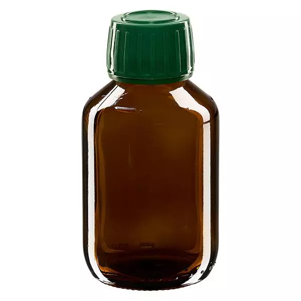 Butelka na lek 100 ml brązowa, zakrętka zielona z pierścieniem ApoGlas. Farmaceutyczna jakość produkcji UE. Gwint 28 mm (PP28). (syrop, butelka z lekkiego szkła) Butelka na lek 100 ml brązowa, zakrętka zielona z pierścieniem ApoGlas. Farmaceutyczna jakość produkcji UE. Gwint 28 mm (PP28). (syrop, butelka z lekkiego szkła)