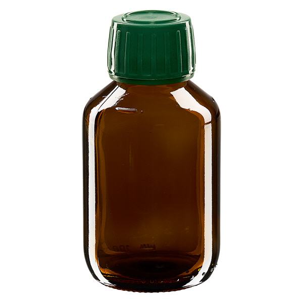 Butelka na lek 100 ml brązowa, zakrętka zielona z pierścieniem ApoGlas. Farmaceutyczna jakość produkcji UE. Gwint 28 mm (PP28). (syrop, butelka z lekkiego szkła) Butelka na lek 100 ml brązowa, zakrętka zielona z pierścieniem ApoGlas. Farmaceutyczna jakość produkcji UE. Gwint 28 mm (PP28). (syrop, butelka z lekkiego szkła)