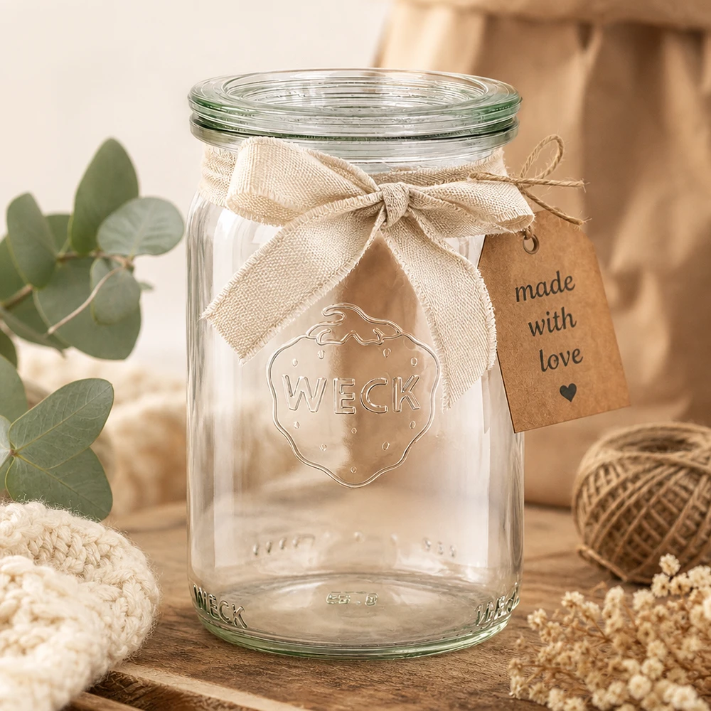 Słoik cylindryczny WECK 145 ml RR40 ozdobiony jutową wstążką i zawieszką Made with Love w przytulnej atmosferze