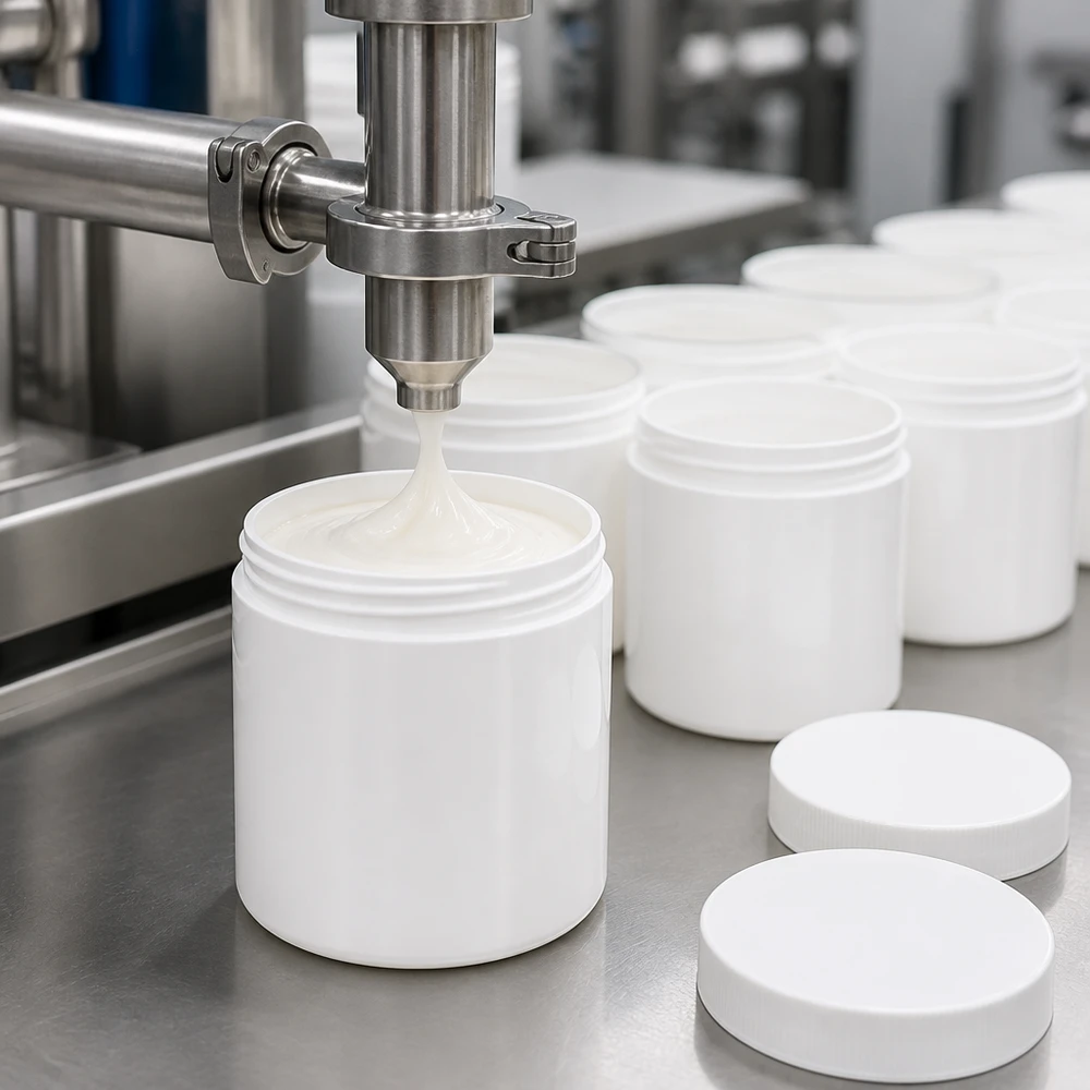 Słoik na maść 500g biały z białą zakrętką (PP) Automatyczna linia rozlewnicza napełnia na linii produkcyjnej białe słoiki z PP o pojemności 500 g białym kremem