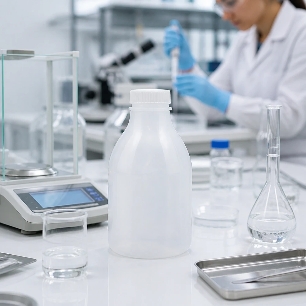 Butelka laboratoryjna 30 ml z wąską szyjką bez zakrętki 30 ml butelka laboratoryjna z wąską szyjką bez nakrętki obok wagi analitycznej i kolby Erlenmeyera w laboratorium
