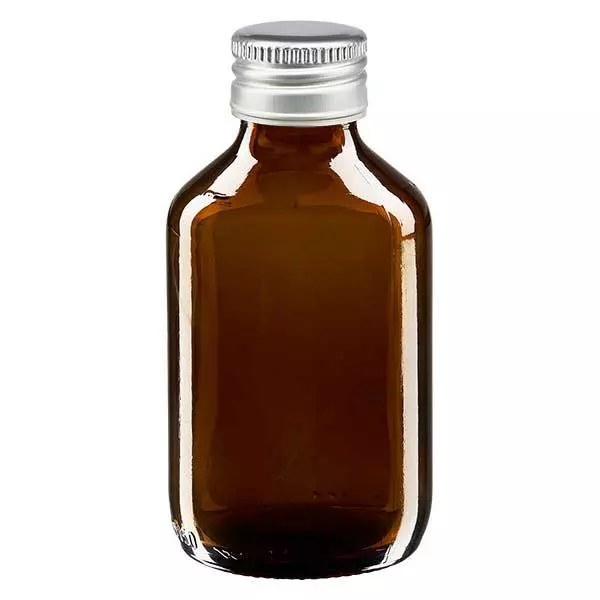 Butelka na lek 150 ml brązowa, z zakrętką ze srebrnego aluminium ApoGlas. Farmaceutyczna jakość produkcji UE. Gwint 28 mm (PP28). (syrop, butelka z lekkiego szkła) Butelka na lek 150 ml brązowa, z zakrętką ze srebrnego aluminium ApoGlas. Farmaceutyczna jakość produkcji UE. Gwint 28 mm (PP28). (syrop, butelka z lekkiego szkła)