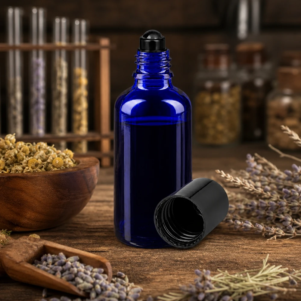 Buteleczka z kulką o pojemności 50 ml w kolorze kobaltowym z czarną kulką, umieszczona wśród suszonych ziół i lawendy
