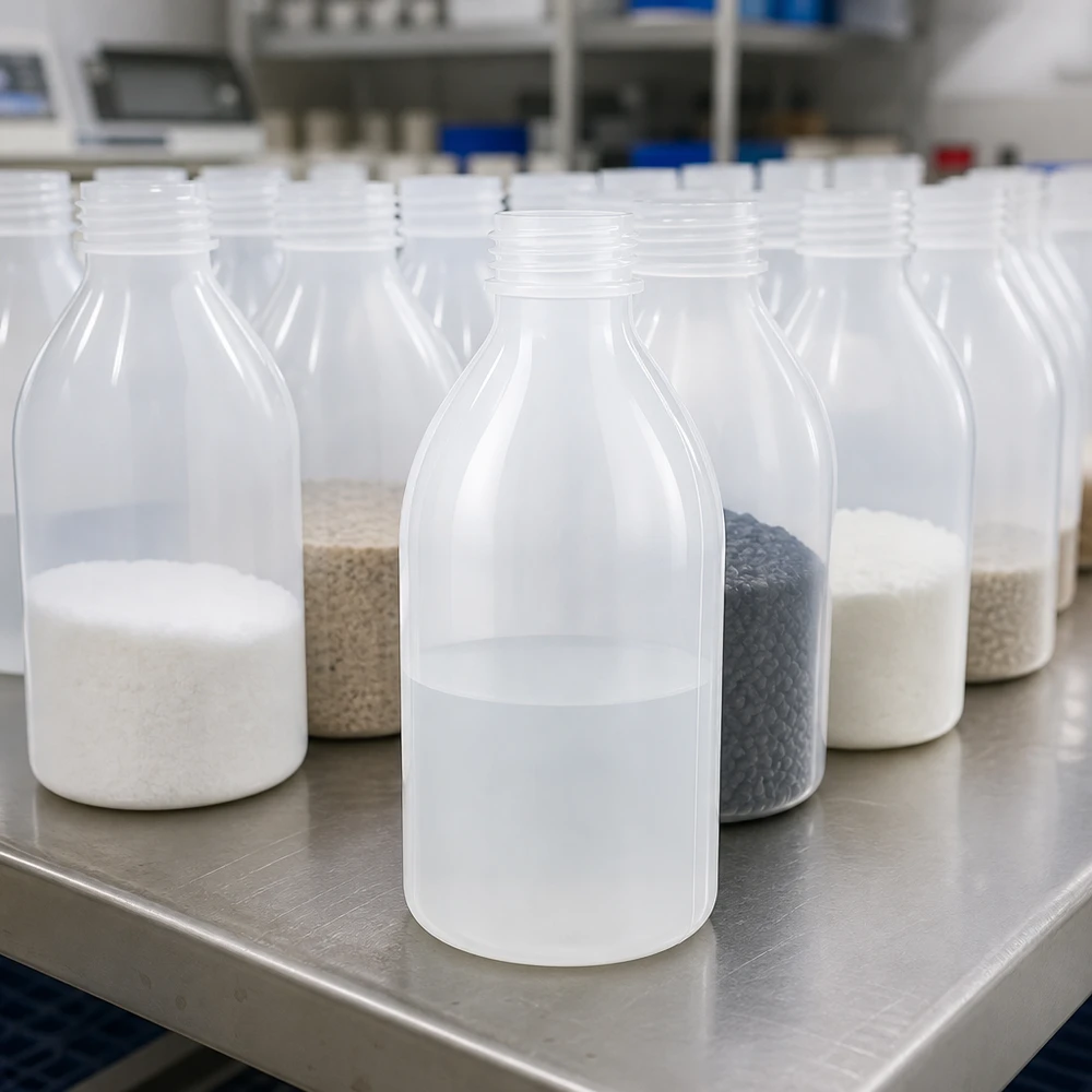 Przezroczysta butelka laboratoryjna o wąskiej szyjce, pojemność 250 ml, wykonana z PE, bez nakrętki, na stole ze stali nierdzewnej w laboratorium