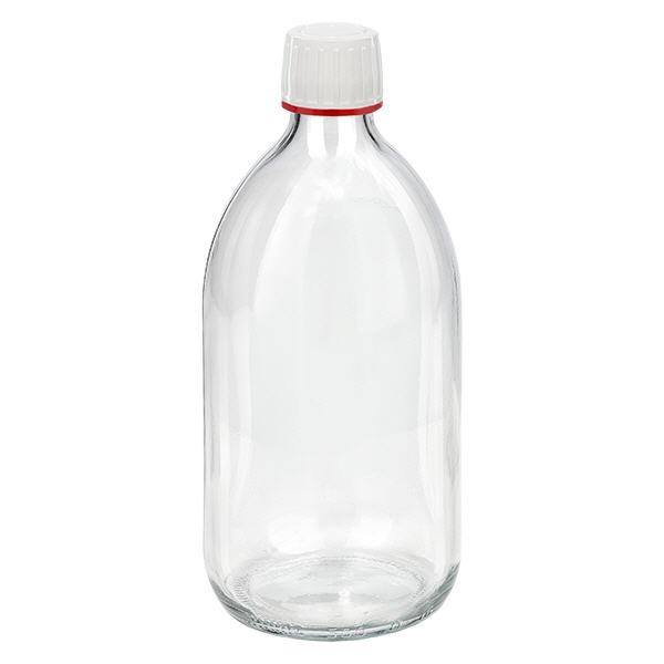 Butelka na lek 500 ml przezroczysta, zakrętka biała z czerwonym pierścieniem ApoGlas. Farmaceutyczna jakość produkcji UE. Gwint 28 mm (PP28). (syrop, butelka z lekkiego szkła) Butelka na lek 500 ml przezroczysta, zakrętka biała z czerwonym pierścieniem ApoGlas. Farmaceutyczna jakość produkcji UE. Gwint 28 mm (PP28). (syrop, butelka z lekkiego szkła)