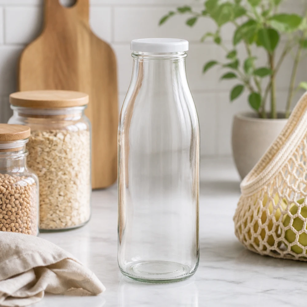 Butelka szklana 500 ml + pokrywka BasicSeal biała UNiTWIST. Całkowicie szczelna z dużą pokrywką TO48. Do mleka, soków i lemoniady. Pusta szklana butelka 500 ml w naturalnym otoczeniu kuchennym ze słoikami do przechowywania i roślinami Lifestyle shot