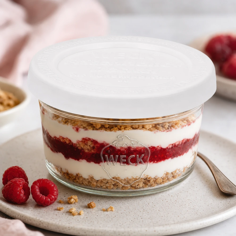 Kubki WECK 50 ml RR60 z warstwowym deserem i malinami jako wariant deserowy na białym talerzu do serwowania