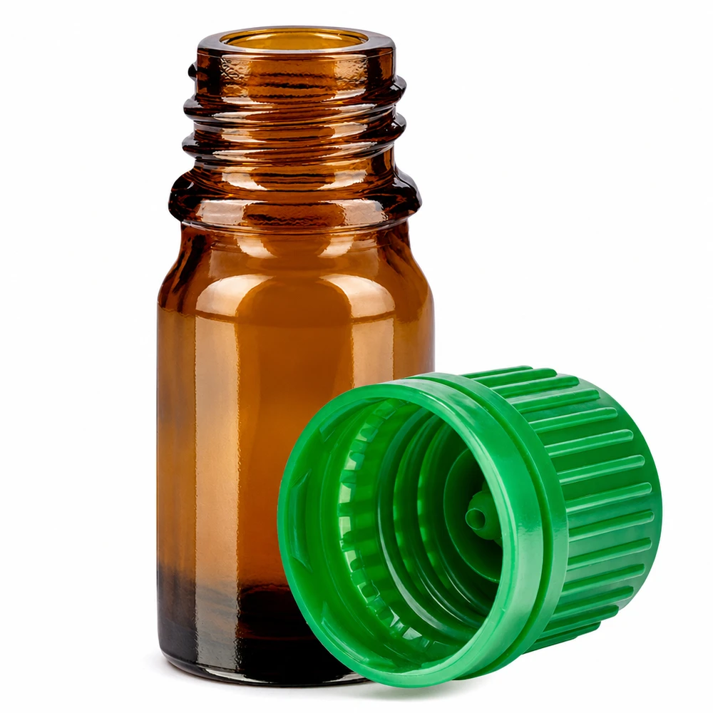 Butelka 5 ml 11 mm SV zielony OV BrownLine UT18/5 Butelka z bursztynowego szkła o pojemności 5 ml z gwintem 11 mm i zieloną nasadką do precyzyjnego dozowania