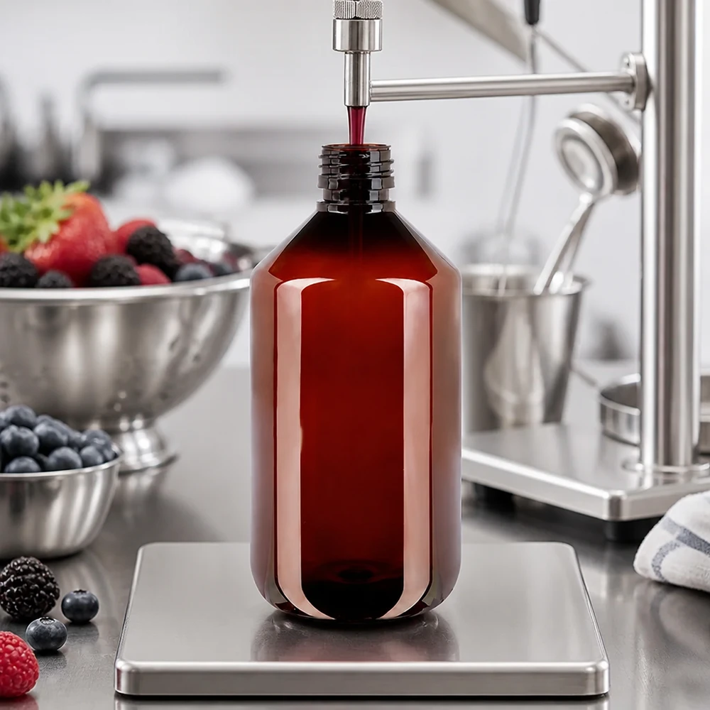 Butelka PET 500ml PP28 bez zakrętki Brązowa butelka PET o pojemności 500 ml, model PP28, z dozownikiem z pompką, stojąca na wadze kuchennej obok świeżych jagód
