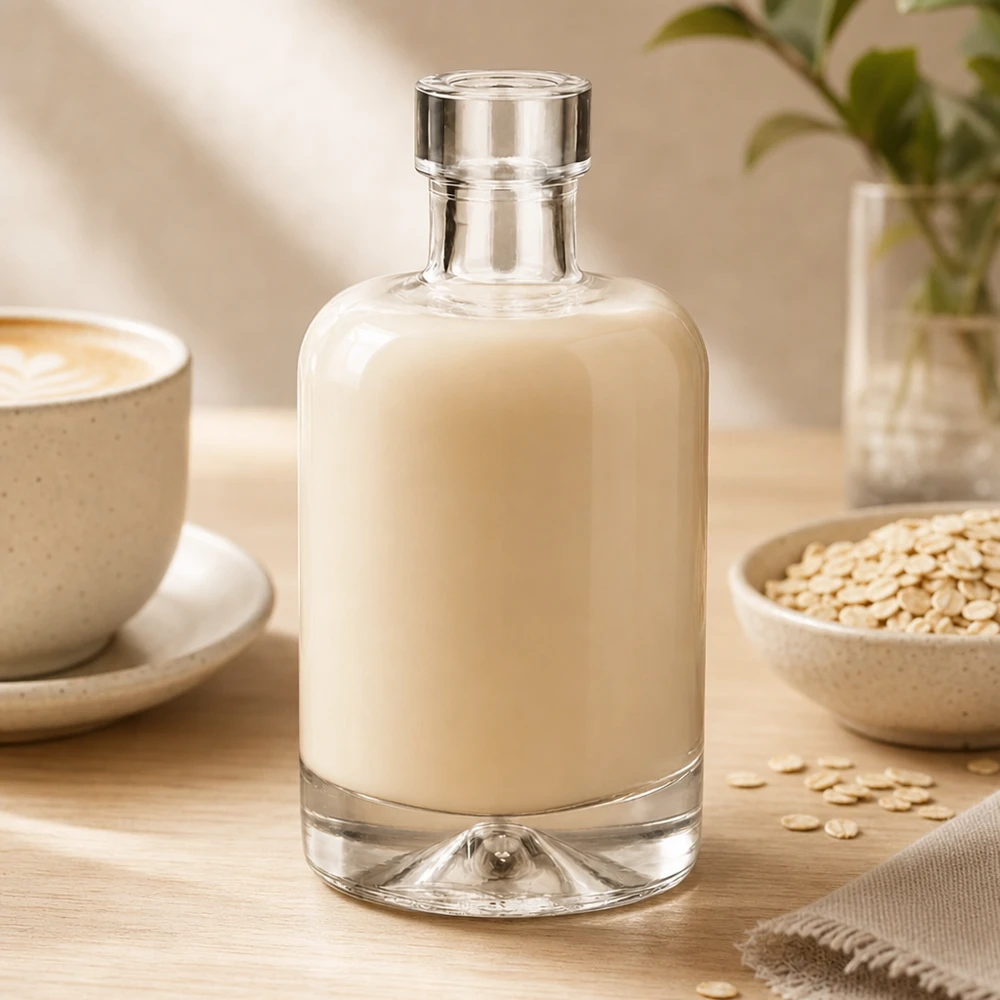 50 ml szklana butelka Amelie wypełniona mlekiem owsianym otoczonym płatkami owsianymi pokazuje zastosowanie roślinnej alternatywy mleka.