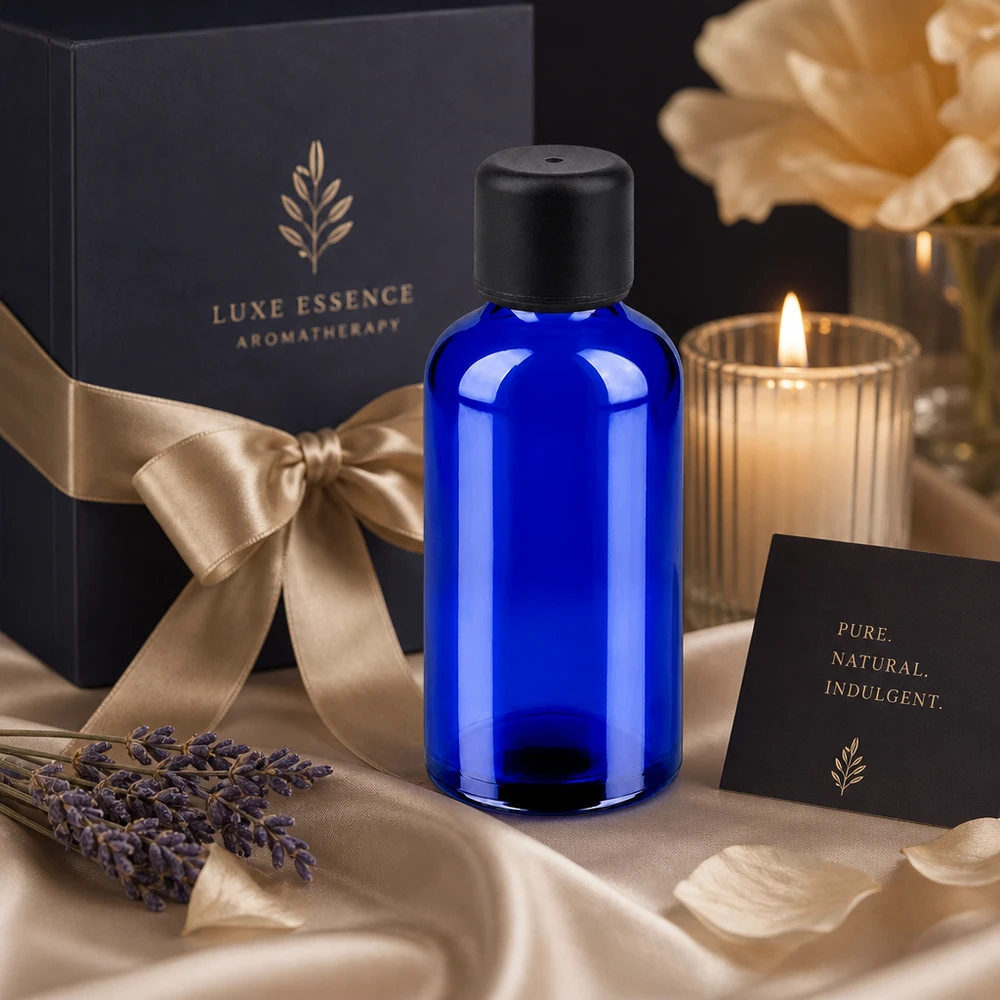 50 ml luksusowa butelka do aromaterapii wykonana z niebieskiego szkła z czarną zakrętką na kosmetyki premium