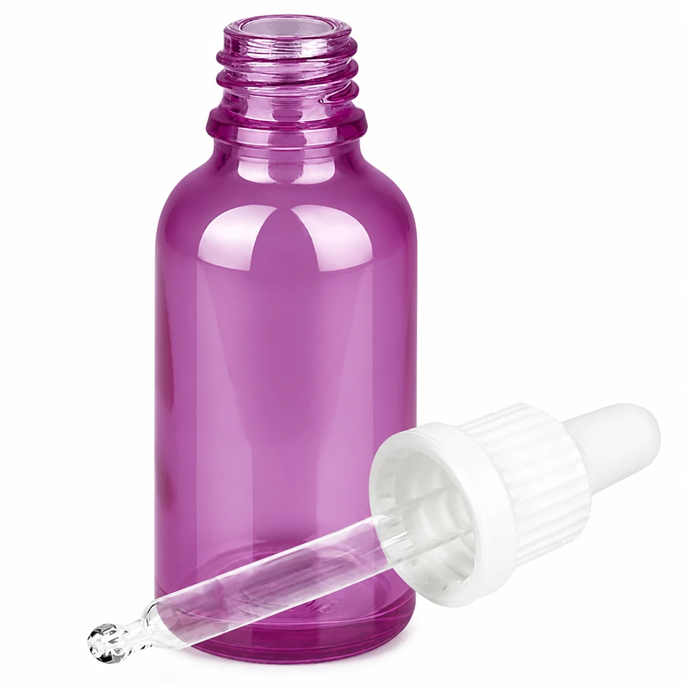 Butelka z pipetą 30 ml biała oryginalna zakrętka PurpleLine UT18/30 Fioletowa szklana butelka 30 ml z pipetą i białą gumową nasadką na olejki eteryczne