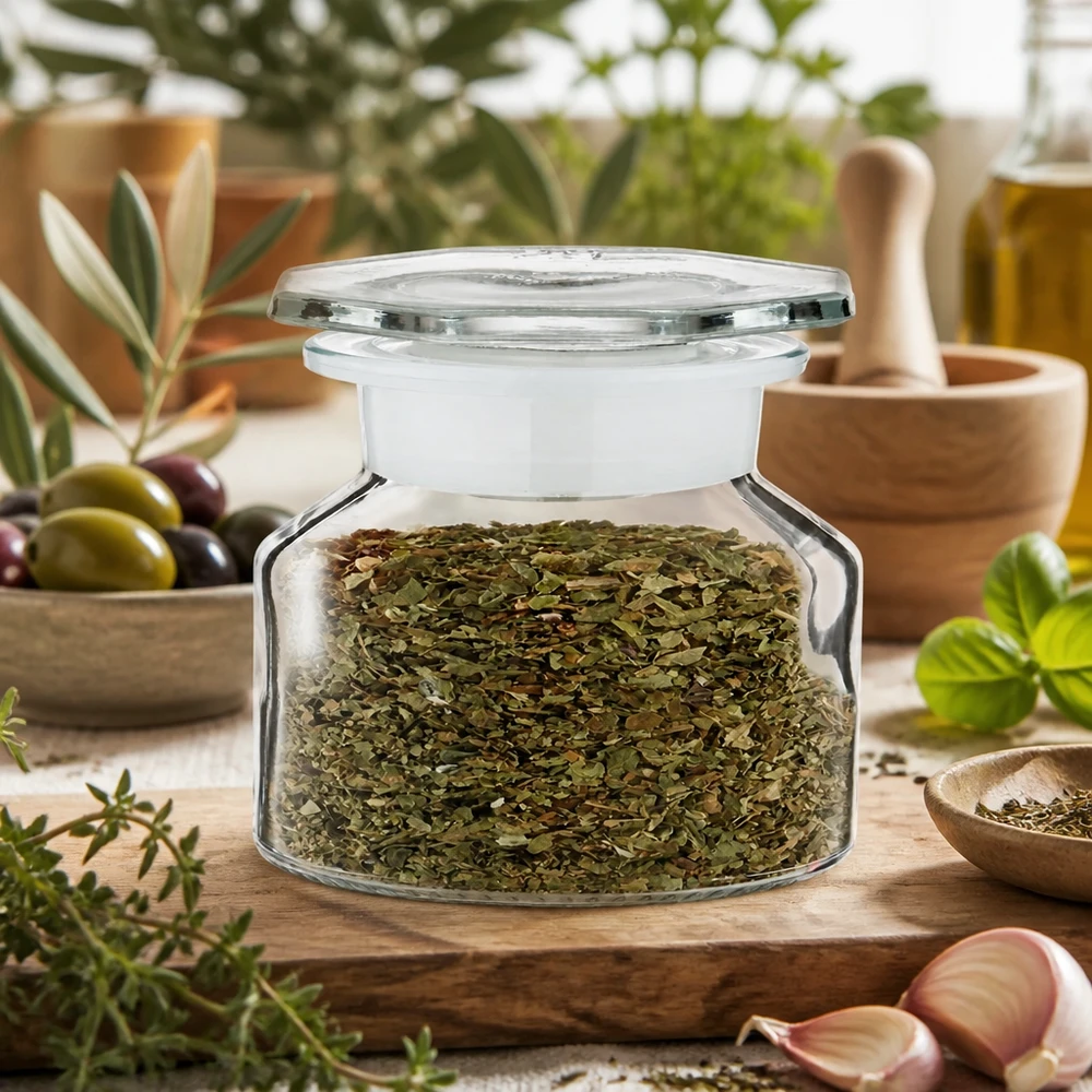 Słoik na przyprawy o szerokiej szyjce, pojemność 50 ml, z suszonym oregano i hermetyczną plastikową pokrywką