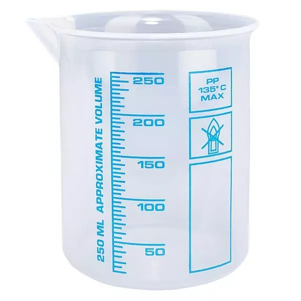 Zlewka miarowa 250 ml (zlewka Griffin) PP, antystatyczna, o wysokiej przezroczystości zgodnie z DIN 12.311, z obręczą bez stopni, z nadrukowaną niebieską skalą Zlewka miarowa 250 ml (zlewka Griffin) PP, antystatyczna, o wysokiej przezroczystości zgodnie z DIN 12.311, z obręczą bez stopni, z nadrukowaną niebieską skalą
