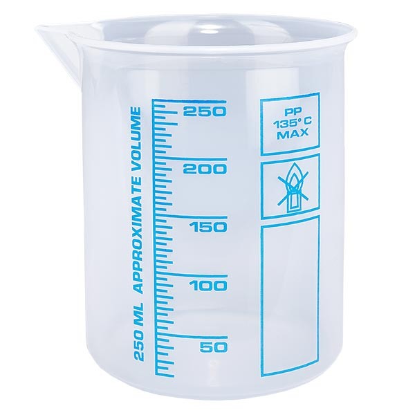Zlewka miarowa 250 ml (zlewka Griffin) PP, antystatyczna, o wysokiej przezroczystości zgodnie z DIN 12.311, z obręczą bez stopni, z nadrukowaną niebieską skalą Zlewka miarowa 250 ml (zlewka Griffin) PP, antystatyczna, o wysokiej przezroczystości zgodnie z DIN 12.311, z obręczą bez stopni, z nadrukowaną niebieską skalą
