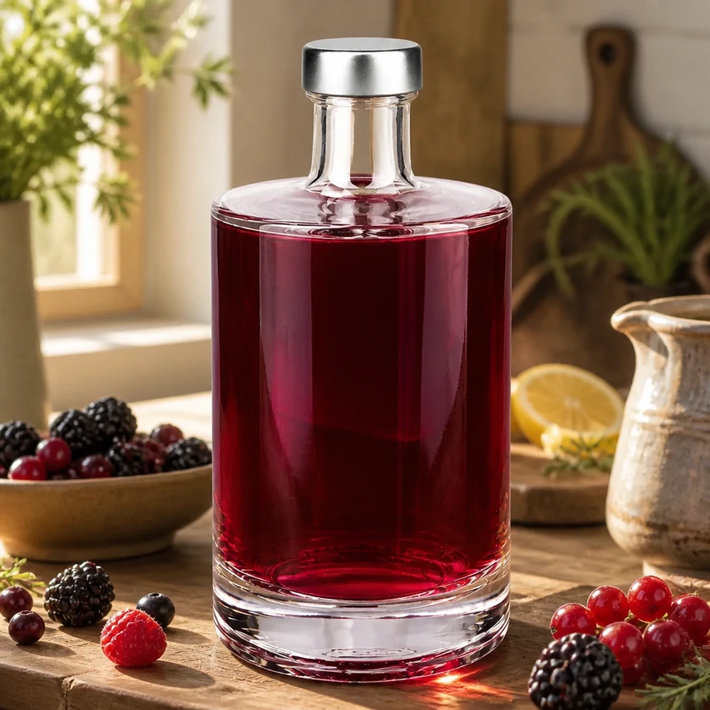 500ml Glasflasche Sam mit rotem Beerenlikör gefüllt zwischen Waldbeeren und Küchenutensilien natürliches Licht