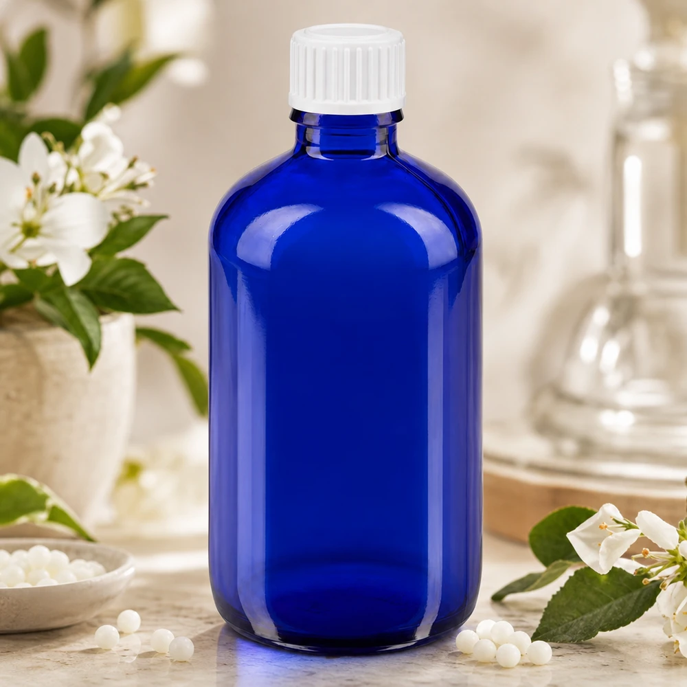 Precyzyjne dozowanie za pomocą niebieskiej butelki z zakraplaczem o pojemności 100 ml i otworze 0,9 mm, przeznaczonej do homeopatii i medycyny naturalnej