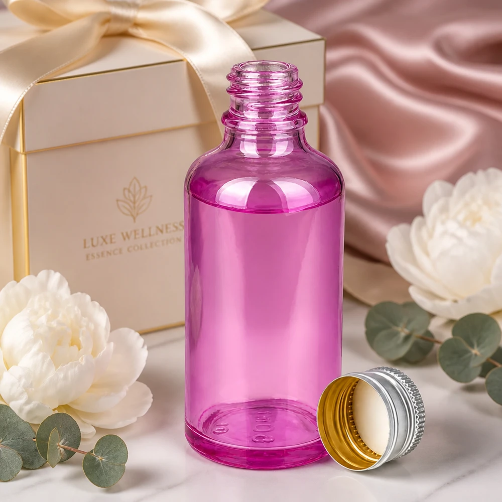 Butelka 50 ml 11 mm z aluminiowo-srebrną zakrętką PurpleLine.UT18/50 Elegancka butelka o pojemności 50 ml wykonana z fioletowego szkła ze srebrną aluminiową pokrywką na wysokiej jakości produkty wellness