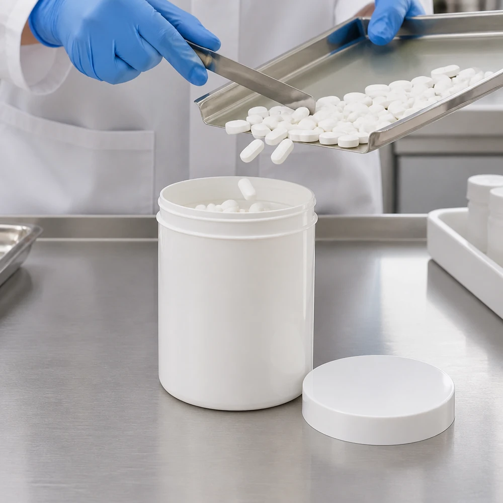 Słoik na maść 300g biały z białą zakrętką (PP) Pakowanie farmaceutyczne tabletek do białych słoików na maści o pojemności 300 g, wykonanych z PP, z zakrętką