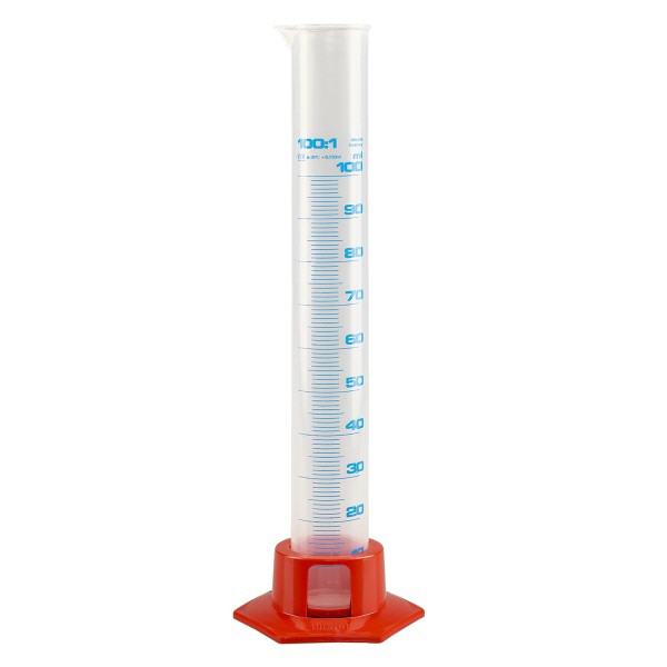 Cylinder miarowy PP o pojemności 100 ml z pomarańczową podstawą Cylinder miarowy PP o pojemności 100 ml z pomarańczową podstawą
