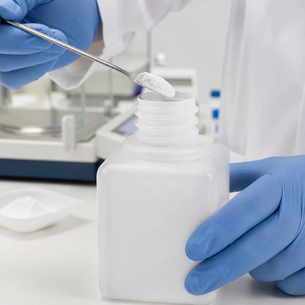Biała buteleczka laboratoryjna z PE-HD o pojemności 20 ml, z wąską szyjką i gwintem GL18, jest napełniana białym proszkiem i wyposażona w szpatułkę