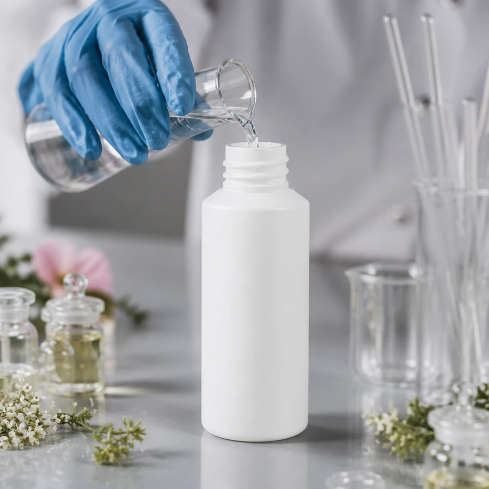 Białą butelkę apteczną z HDPE o pojemności 30 ml napełnia się przezroczystym płynem z zlewki