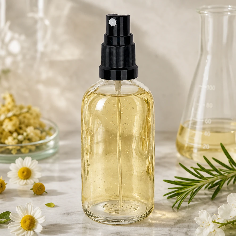 100 ml butelka ze spryskiwaczem czarna/przezroczysta STD ClearLine UT18/100 Kosmetyki naturalne z rumiankiem i rozmarynem w szklanej butelce z atomizerem o pojemności 100 ml z czarnym atomizerem