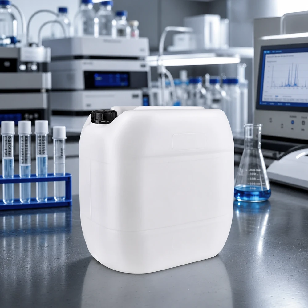 Kwadratowy kanister o pojemności 30 l, wykonany z tworzywa HDPE, z zakrętką typu OV, przeznaczony do przechowywania chemikaliów
