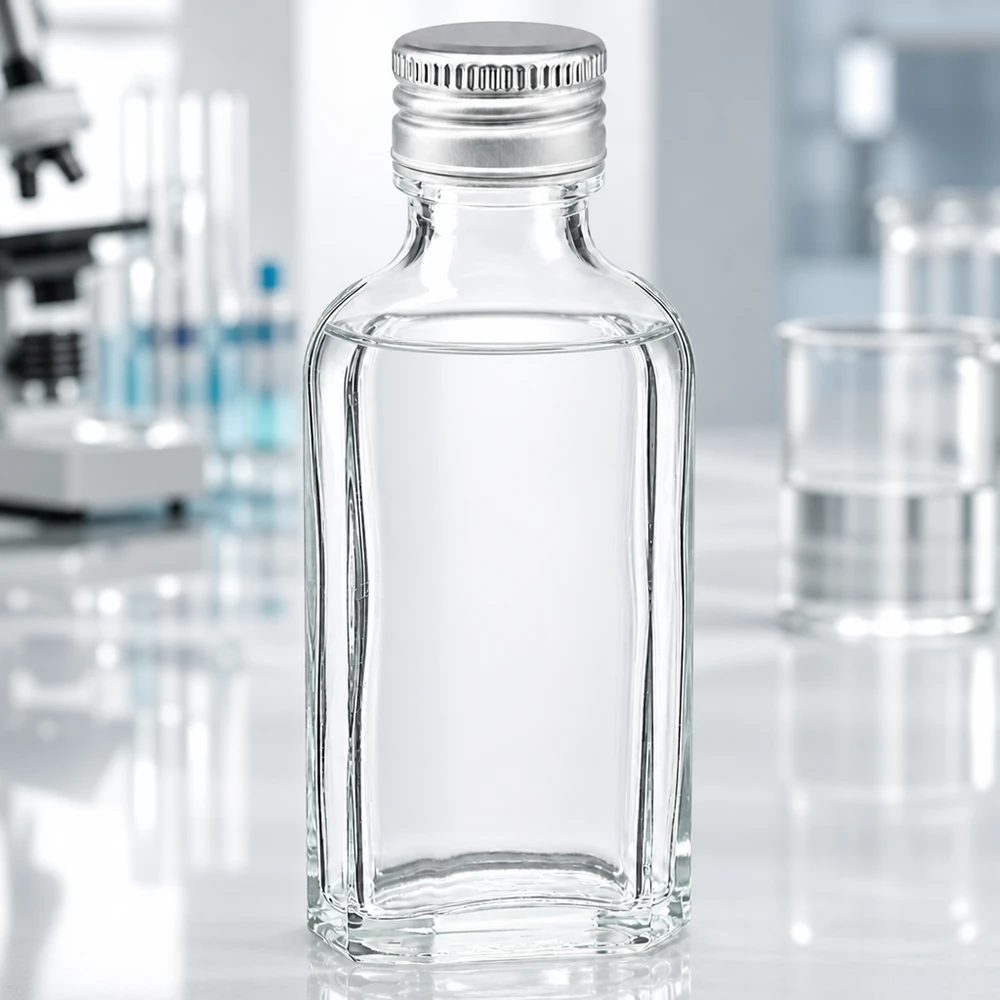 Miniaturowa butelka laboratoryjna Meplat o pojemności 50 ml, wykonana z przezroczystego szkła, z aluminiowym zamknięciem PP22, przeznaczona do zastosowań naukowych