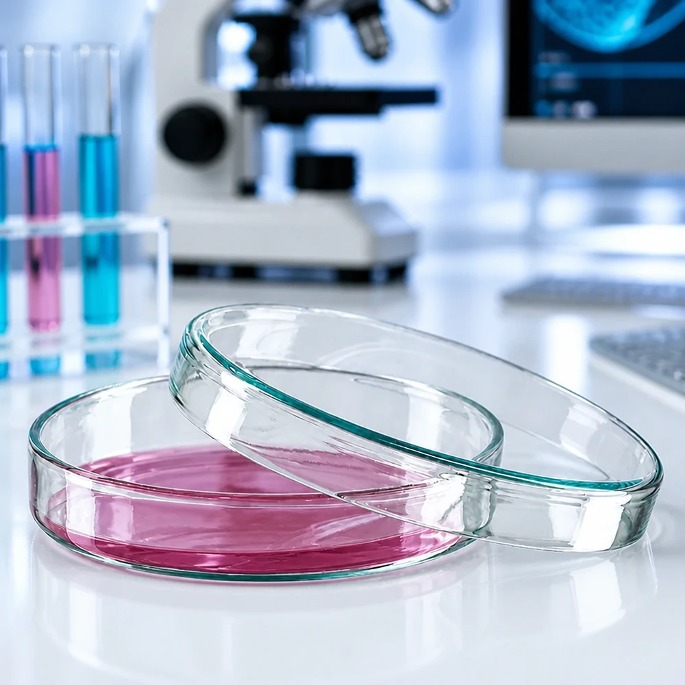 Szklana szalka Petriego o wymiarach 100 x 20 mm z różową pożywką obok mikroskopu w laboratorium