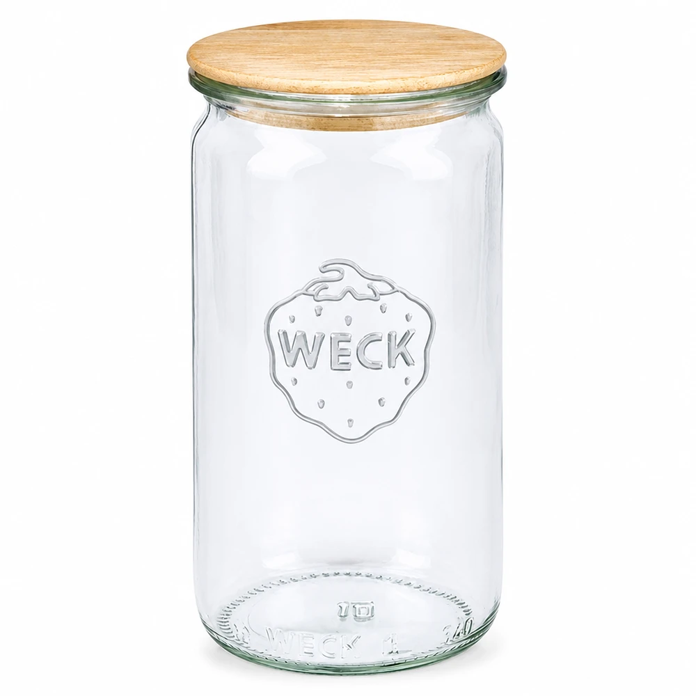 340 ml słoik cylindryczny WECK RR60 z drewnianą pokrywką WECK słoik 340ml RR60 z drewnianą pokrywką Słoik na przetwory przezroczysty wykonany ze szkła z naturalną drewnianą pokrywką