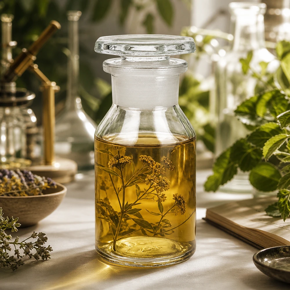 Butelka z przezroczystą szeroką szyjką i szklanym korkiem o pojemności 50 ml Przezroczysta butelka o pojemności 50 ml z szeroką szyjką i szklanym korkiem, przeznaczona do olejków eterycznych i ekstraktów ziołowych