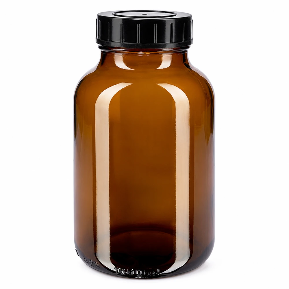 Butelka z szeroką szyjką o pojemności 1000 ml z bursztynowego szkła z zakrętką Butelka z szeroką szyjką o pojemności 1000 ml wykonana z bursztynowego szkła z czarną zakrętką do przechowywania