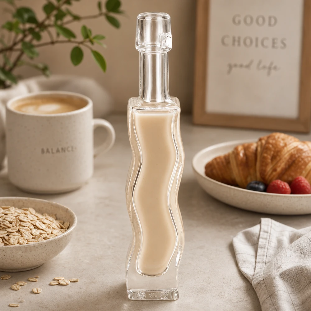 40ml Glasflasche Anna mit cremigem Hafermilch-Getränk befüllt Frühstückstisch-Szenerie vegane Milchalternative Lifestyle