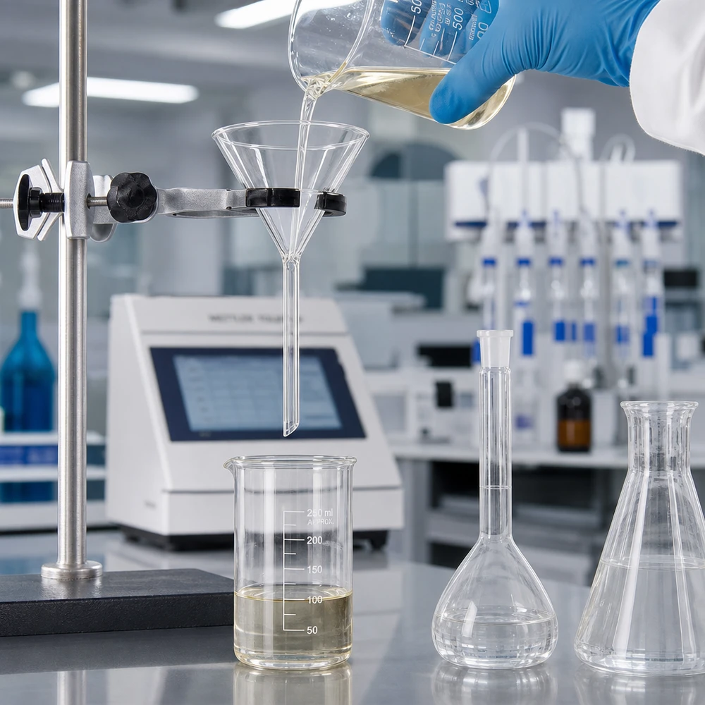 Profesjonalny lejek laboratoryjny wykonany z wysokiej jakości szkła sodowo-wapniowego o średnicy 100 mm, przeznaczony do bezpiecznego przechowywania substancji chemicznych