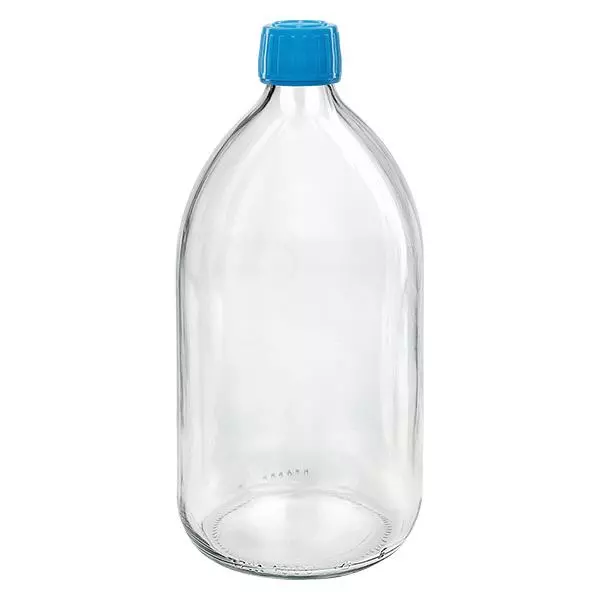 Butelka na lek 1000 ml przezroczysta, niebieska zakrętka z pierścieniem ApoGlas. Farmaceutyczna jakość produkcji UE. Gwint 28 mm (PP28). (syrop, butelka z lekkiego szkła) Butelka na lek 1000 ml przezroczysta, niebieska zakrętka z pierścieniem ApoGlas. Farmaceutyczna jakość produkcji UE. Gwint 28 mm (PP28). (syrop, butelka z lekkiego szkła)
